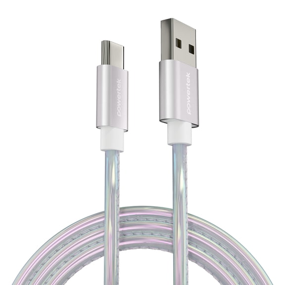 Powertek USB-A to USB-C (Type-C) Metallic Shine Pastel Charging Cable, 6 ft, Silver