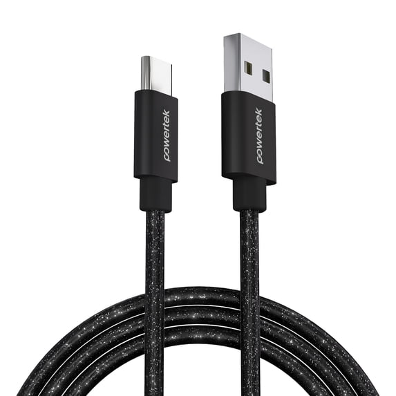 Powertek USB-A to USB-C Cable, Fast Charging Type-C Charger Cord, Durable Tangle-Resistant Sync Cable, Black Glitter, 6FT