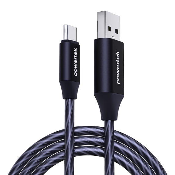 Powertek Light-Up USB-A to USB-C Charging Cable, 5 ft, Black