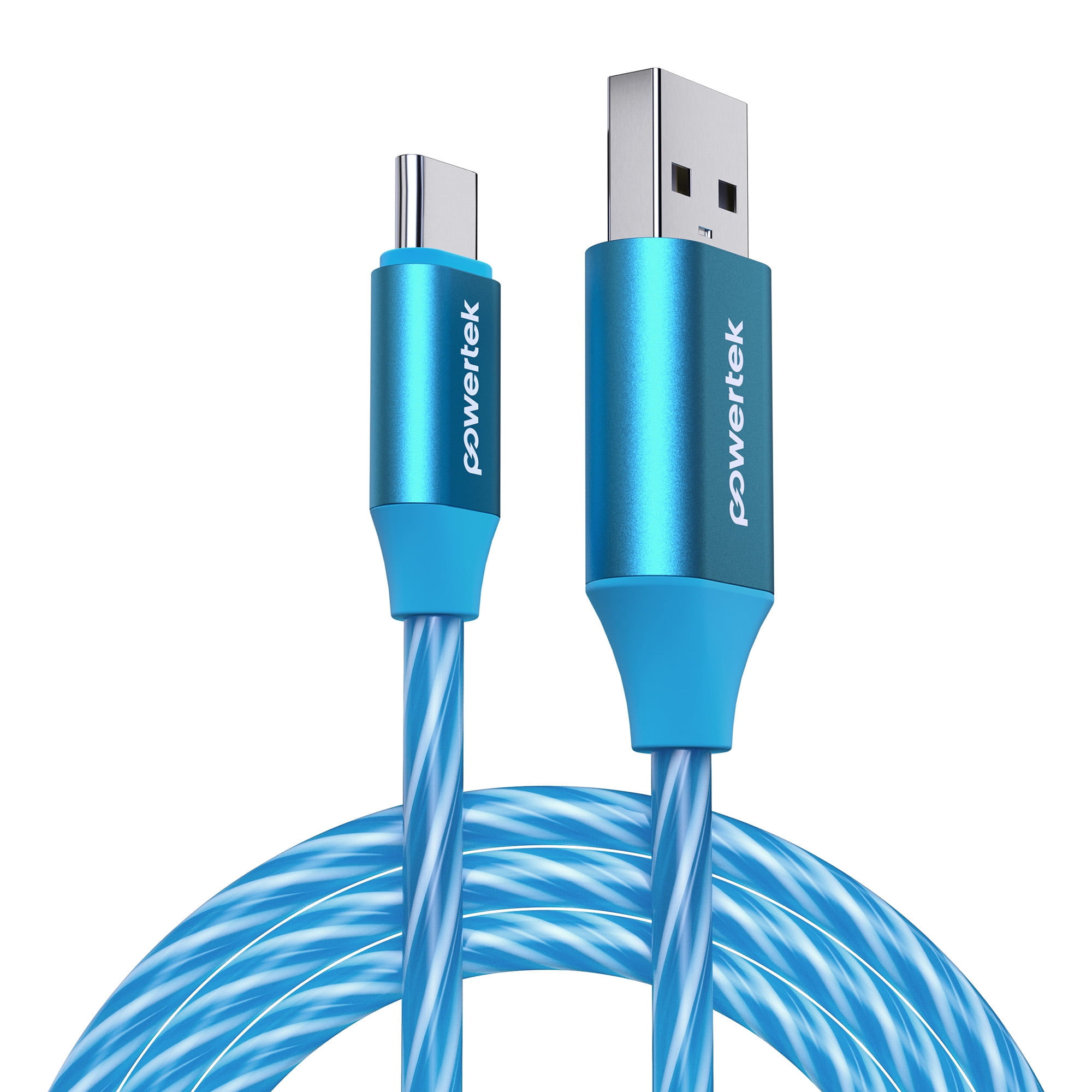 Powertek Light-Up USB-A to USB-C Charging Cable, 5 ft, Blue