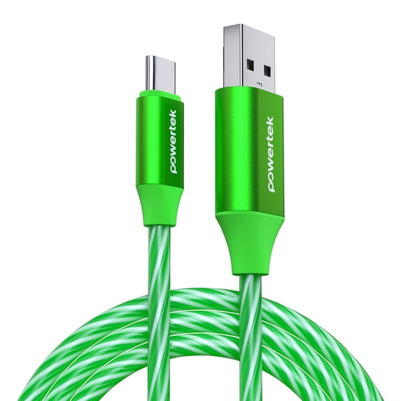 Powertek Light-Up USB-A to USB-C Charging Cable, 5 ft, Green