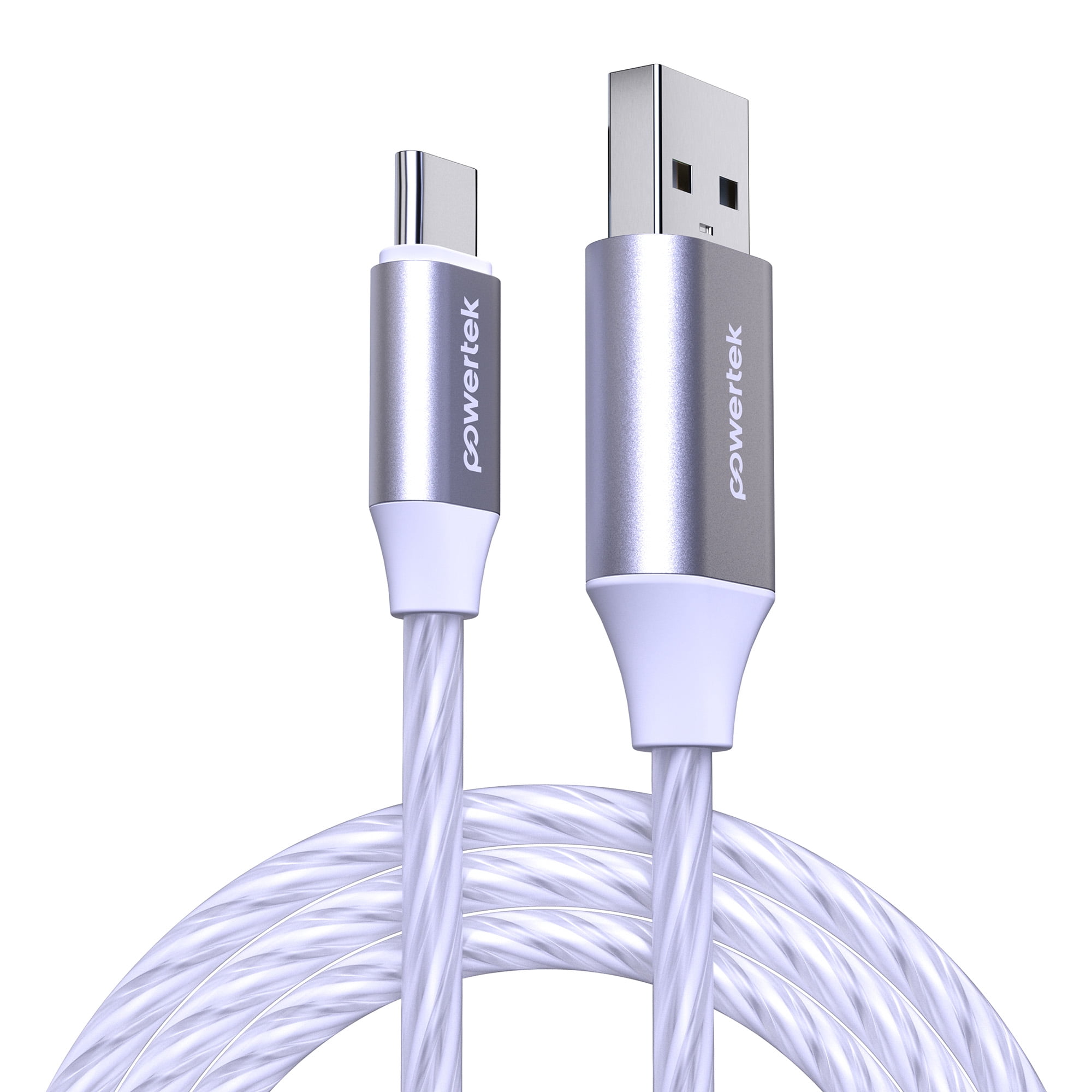 Powertek Light-Up USB-A to USB-C Charging Cable, 5 ft, White
