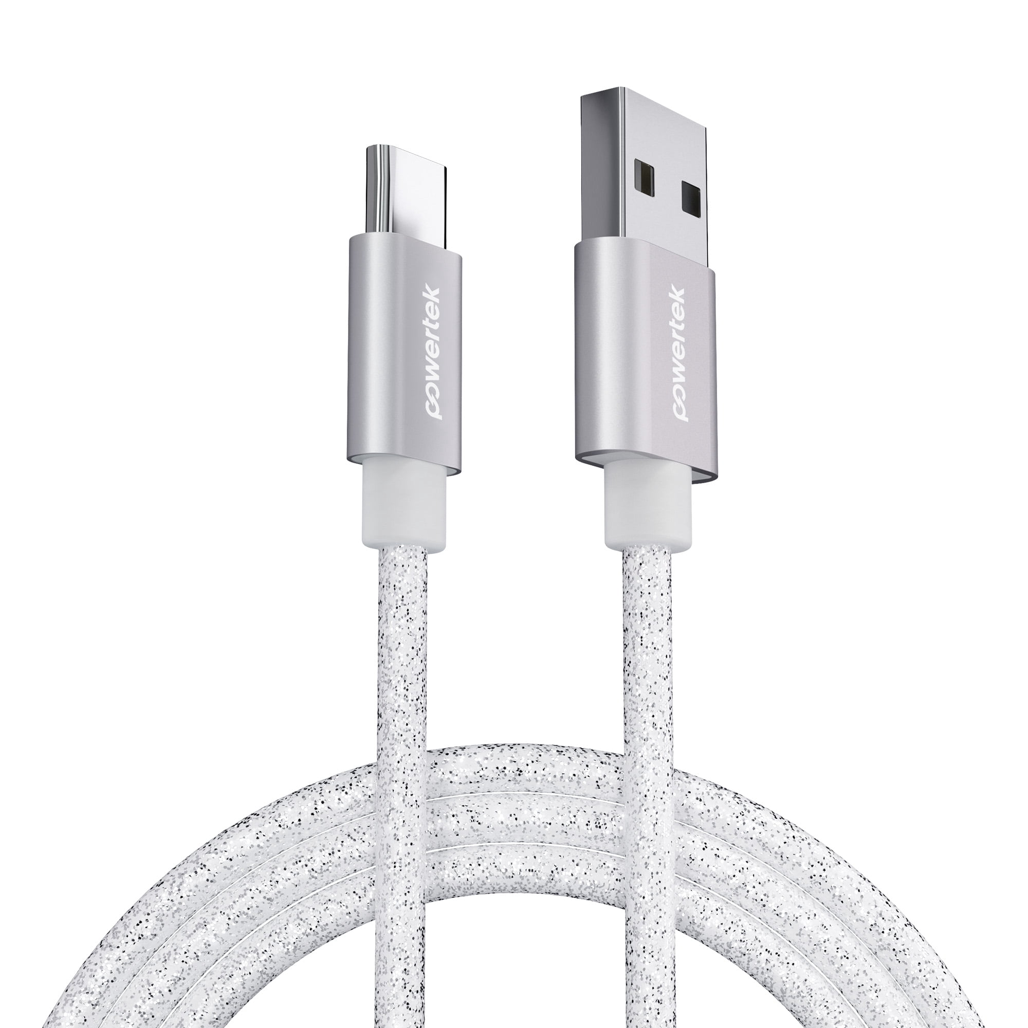 Powertek USB-A to USB-C Cable, Fast Charging Type-C Charger Cord, Durable Tangle-Resistant Sync Cable, White Glitter, 6FT