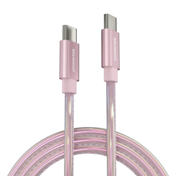 Powertek USB-C to USB-C (Type-C) Metallic Shine Pastel Fast Charging Cable, 60W, 6 ft, Pink