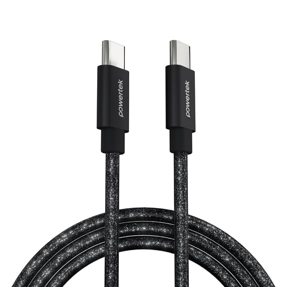 Powertek USB-C to USB-C Cable, Fast Charging Type-C Charger Cord, Durable Tangle-Resistant Sync Cable, Black Glitter, 6FT