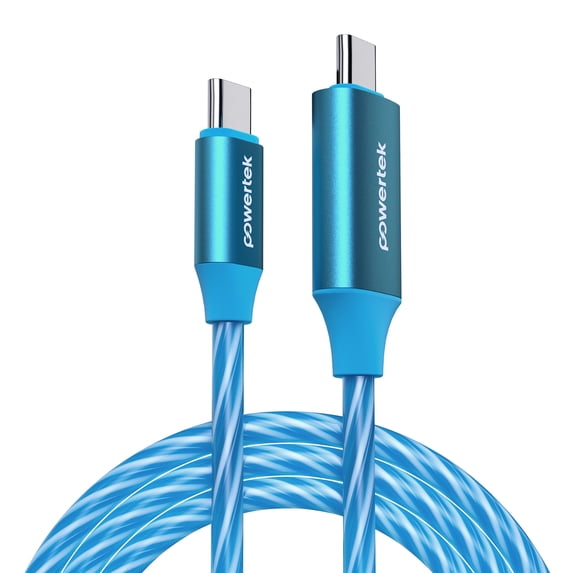 Powertek Light-Up USB-C to USB-C Fast Charging Cable, 60W, 5 ft, Blue