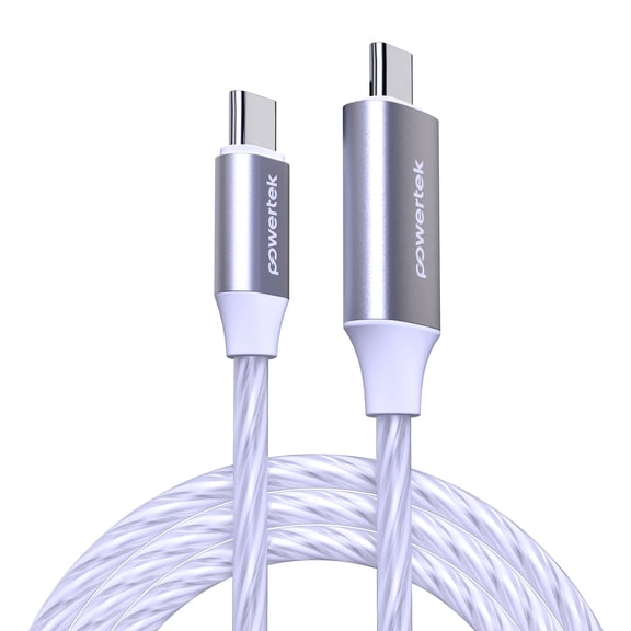 Powertek Light-Up USB-C to USB-C Fast Charging Cable, 60W, 5 ft, White