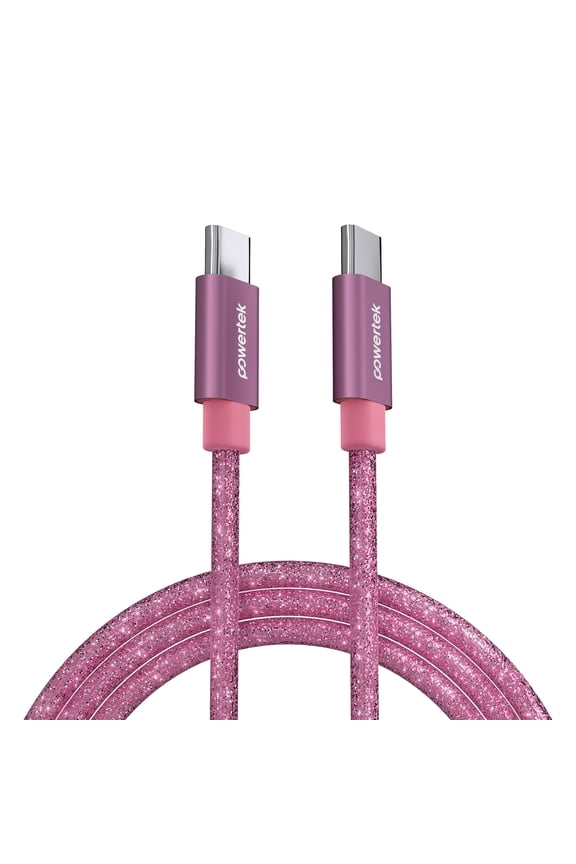 Powertek USB-C to USB-C Cable, Fast Charging Type-C Charger Cord, Durable Tangle-Resistant Sync Cable, Pink Glitter, 6FT