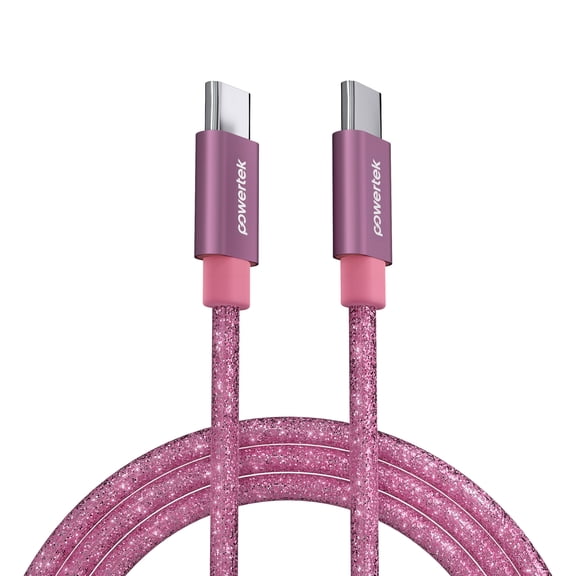 Powertek USB-C to USB-C Cable, Fast Charging Type-C Charger Cord, Durable Tangle-Resistant Sync Cable, Pink Glitter, 6FT