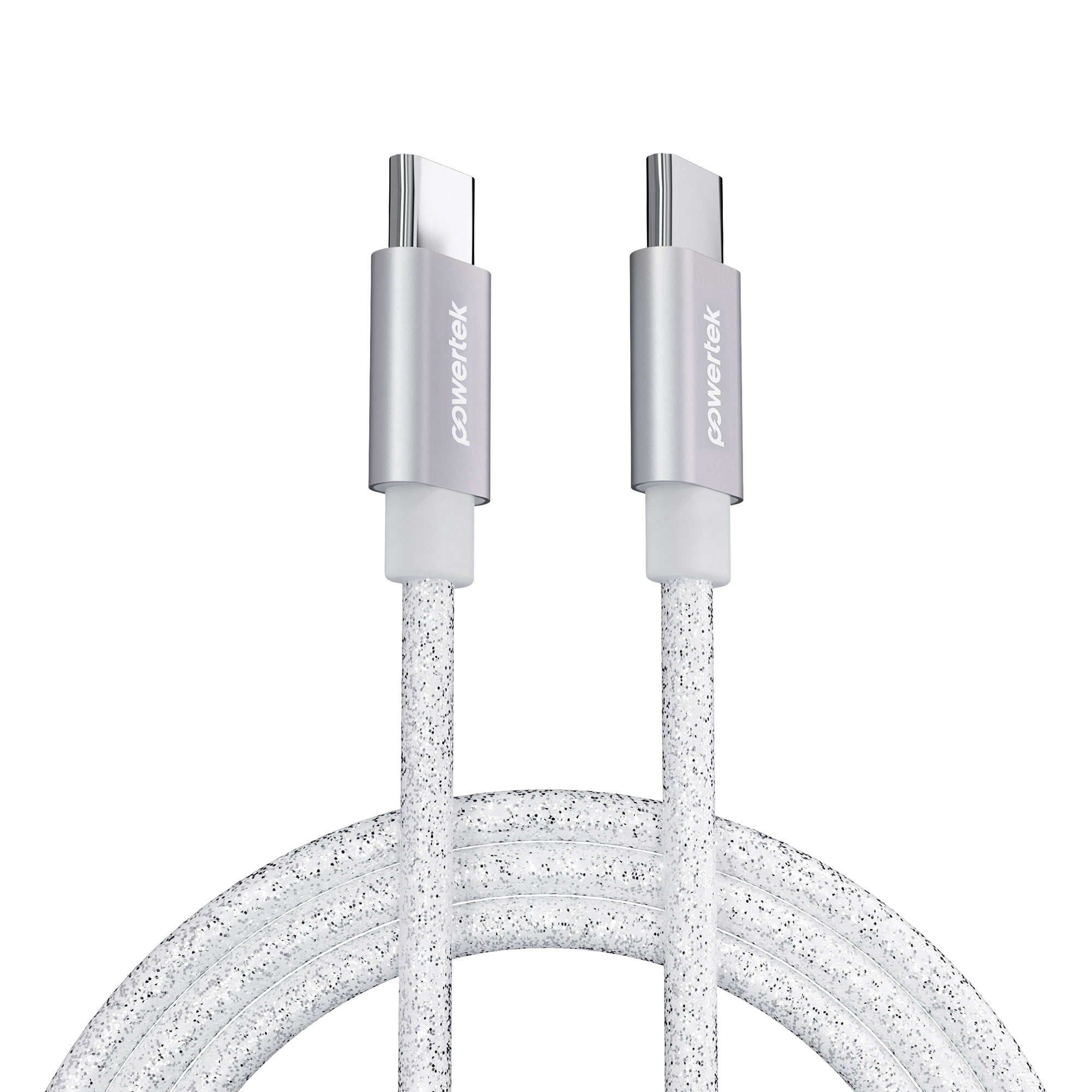 Powertek USB-C to USB-C Cable, Fast Charging Type-C Charger Cord, Durable Tangle-Resistant Sync Cable, White Glitter, 6FT