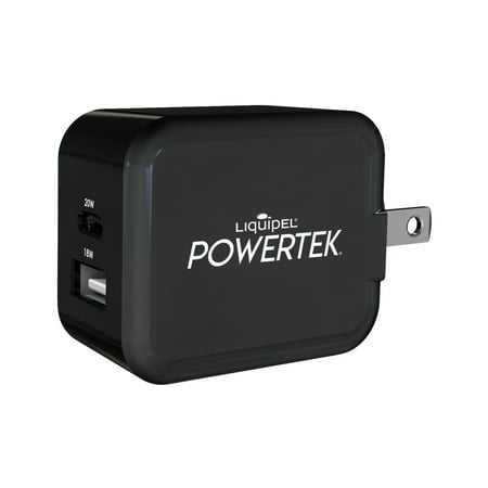 Liquipel Powertek USBC 20W and USBA 18W Dual Port Wall Charger, Fast Charging Phone Wall Block Power Adapter Cube and Foldable Plug. Compatible with iPhone, iPad, iWatch, Galaxy, Android Black