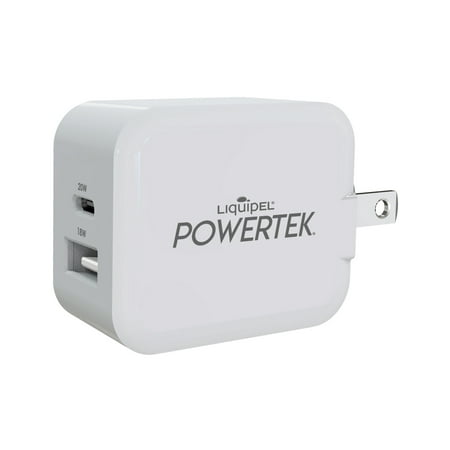 Liquipel Powertek USBC 20W and USBA 18W Dual Port Wall Charger, Fast Charging Phone Wall Block Power Adapter Cube and Foldable Plug. Compatible with iPhone, iPad, iWatch, Galaxy, Android White