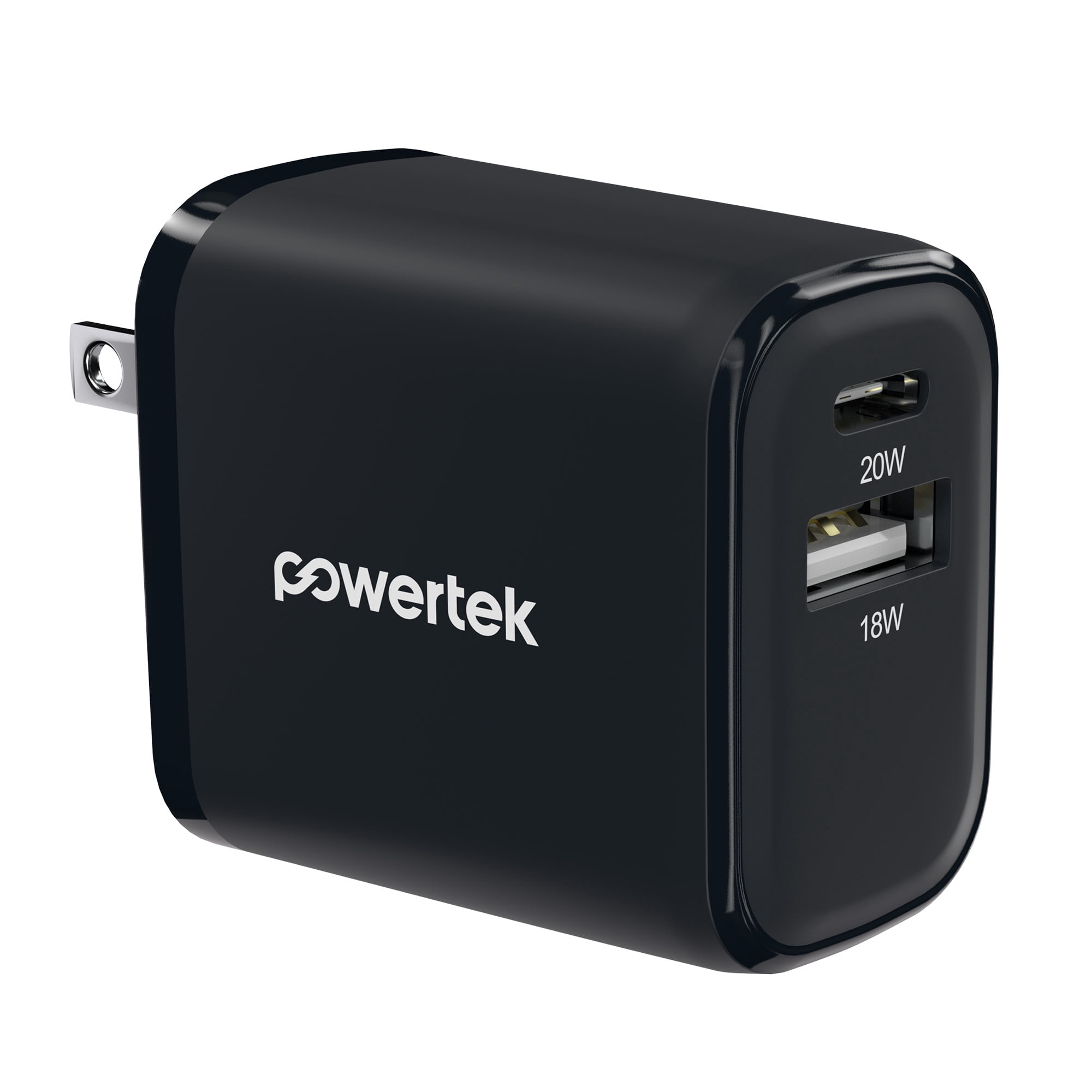 Powertek 20W USB-C + USB-A Wall Charger, Fast Charging Power Delivery Cube, Dual Port Compact Charger, Black