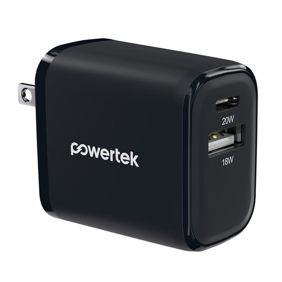 Powertek 20W USB-C USB-A Wall Charger, Fast Charging Power Delivery Cube, Dual Port Compact Charger, Black