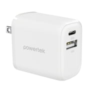 Powertek 20W USB-C + USB-A Wall Charger, Fast Charging Power Delivery Cube, Dual Port Compact Charger, White