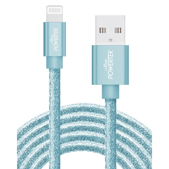 Liquipel Powertek iPad & iPhone Charger Cable, Fast Charging 6ft MFI Certified Lightning to USB Cord, Pastel Glitter Blue