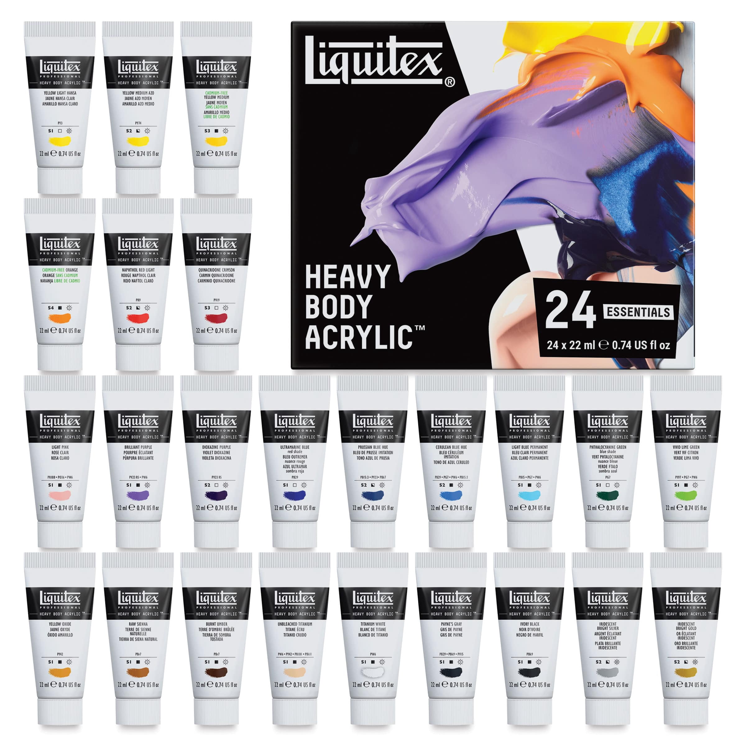 Liquitex Professional Heavy Body Acrylic Paint, Essential Colors, 22 mL, Set of 24