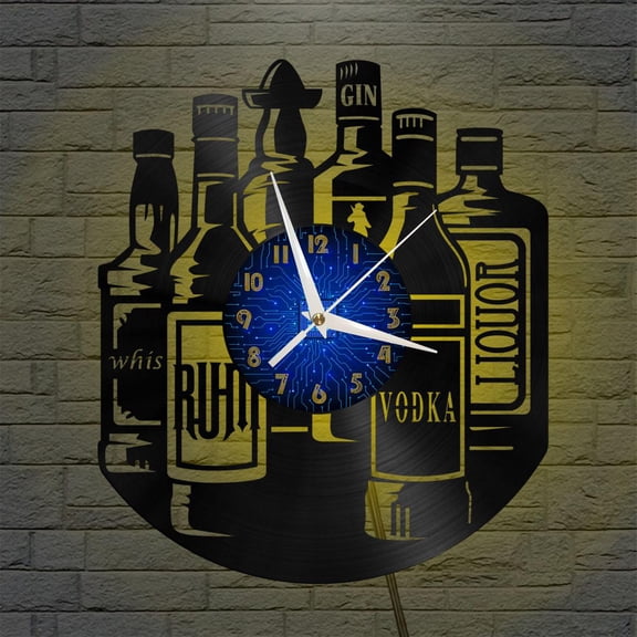 Liquor 12 Inch Vinyl Record Wall Clock - Silent, Creative, and Unique Clock for Living Room, Entryway, or Bedroom Decor - Perfect Gift Idea(12 inchs B with LED)