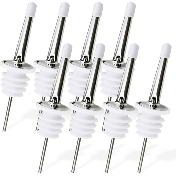 Liquor Bottle Dispenser Spouts Classic Speed Pours for Alcohol, Olive Oil and Shave Ice Syrup Rustproof Stainless Steel with Tapered Pouring Funnels and Dust Caps (8 Pack)