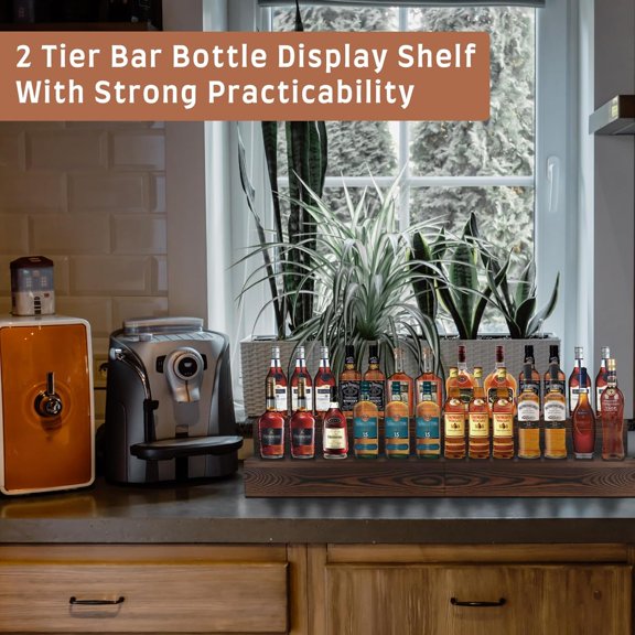 Liquor Bottle Display Shelf 2 Pack Wood Bar Shelves Tabletop Wine Rack Stand for Home Bar