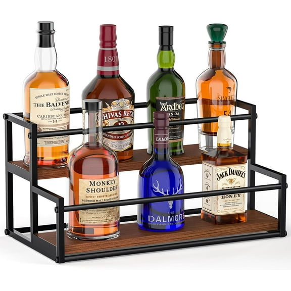 Liquor Bottle Display Shelf 2 Tier Rack Holder Bar Shelf Stand for Wine Whiskey Risers Organizer Kitchen Countertop