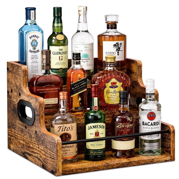 Liquor Bottle Display Shelf, 3 Step Countertop Liquor Wine Rack,Coffee Syrup Rack Organizer,mini bar,liquor cabinet, Home Retro Bar Shelf Stand for Liquor Whiskey, Spirits