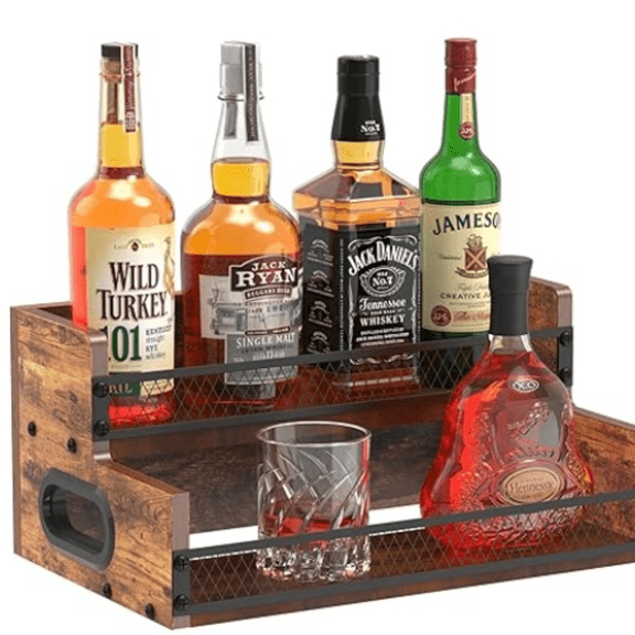 Liquor Bottle Display Shelf, Coffee Syrup Rack Organizer, 2 Tier Countertop Liquor Wine Rack, 8 Bottles Mini Bar Shelf Stand for Liquor Whiskey,