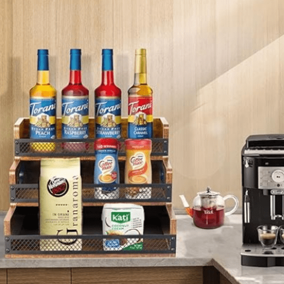 Liquor Bottle Display Shelf, Coffee Syrup Rack Organizer, 3 Step Countertop Liquor Wine Rack, 12 Bottles Coffee Station Organizer with Fences & Handles, Home Retro Bar Shelf Stand for Liquor Whiskey