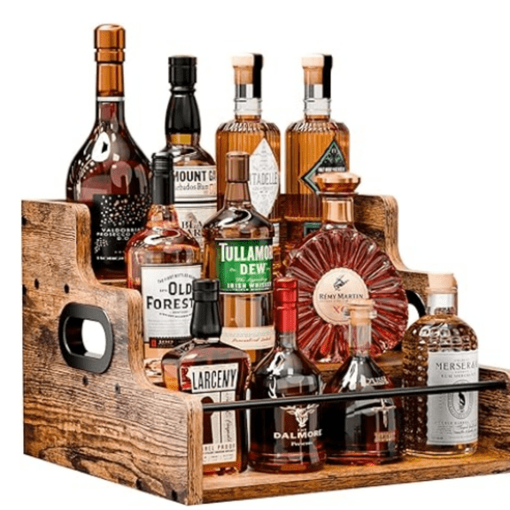 Liquor Bottle Display Shelf, Coffee Syrup Rack Organizer, 3 Step Countertop Liquor Wine Rack, Mini bar,Liquor Cabinet, Home Retro Bar Shelf Stand for Liquor Whiskey