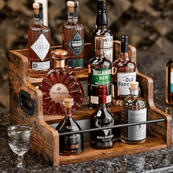 Liquor Bottle Display Shelf, Coffee Syrup Rack Organizer, 3 Step Countertop Liquor Wine Rack, mini bar,liquor cabinet, Home Retro Bar Shelf Stand for Liquor Whiskey, Spirits