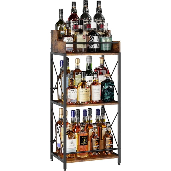 Liquor Bottle Display Shelf, Coffee Syrup Rack Organizer, 3 Step Countertop Wine Rack, Mini Bar, Retro Bar Shelf Stand for Whiskey, Spirits.(Brown)