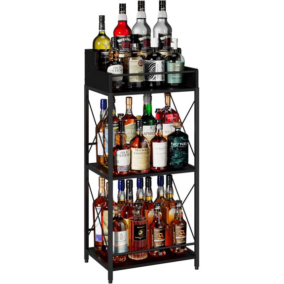 Liquor Bottle Display Shelf, Coffee Syrup Rack Organizer, 3 Step Countertop Wine Rack, Mini Bar, Retro Bar Shelf Stand for Whiskey, Spirits.(Brown)