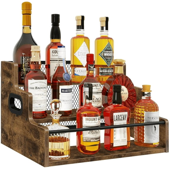 Liquor Bottle Display Shelf, Coffee Syrup Rack Organizer, 3 Step Countertop Wine Rack, Mini Bar, Retro Bar Shelf Stand for Whiskey, Spirits