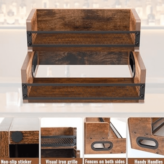 Liquor Bottle Display Shelf, Small Liquor Cabinet, 6 Bottle Mini Bar Shelf Stand for Liquor, Whiskey, 2 Tier Countertop Wine Rack, Home Retro Coffee Syrup Rack Organizer Station with Fence & Handle