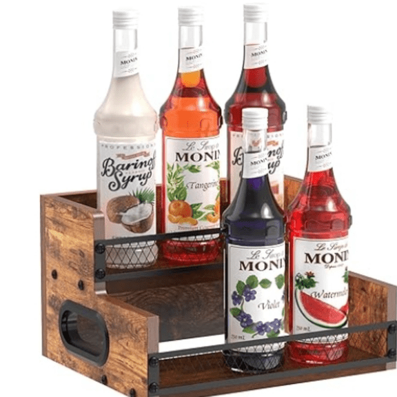 Liquor Bottle Display Shelf, Small Liquor Cabinet, 6 Bottle Mini Bar Shelf Stand for Liquor, Whiskey, 2 Tier Countertop Wine Rack, Home Retro Coffee Syrup Rack Organizer Station with Fence & Handle