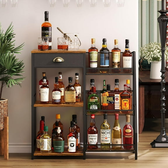 Liquor Cabinet Bar for Home with Drawer, 3-Tier Wine Rack Freestanding Floor and Wine Shelf with Step Design for Whiskey, Spirits, Vintage Mini Bar for Kitchen Apartment