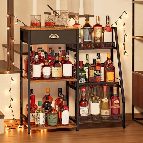 Liquor Cabinet Bar for Home with Drawer, 3-Tier Wine Rack Freestanding Floor and Wine Shelf with Step Design for Whiskey, Spirits, Vintage Mini Bar for Kitchen Apartment