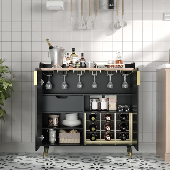 Liquor Cabinet with Wine Racks and Buffet Sideboard, Modern Coffee Bar Cabinet with Fluted Texture and Storage Drawers for Kitchen, Dining Room, Living Room