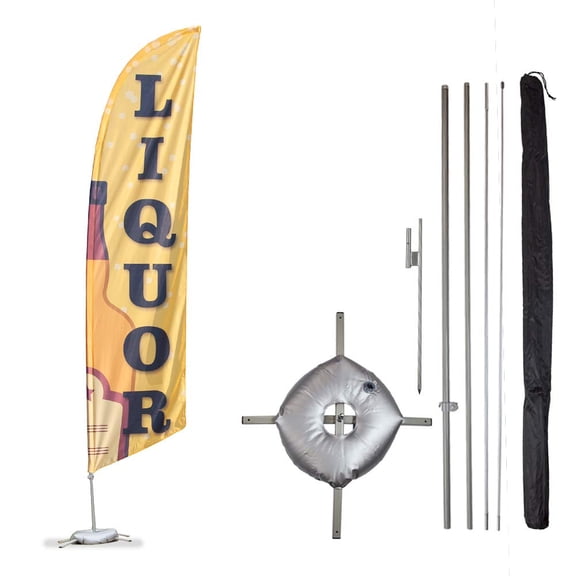 Liquor Feather Flag Kit - 13.5ft Knitted Polyester Swooper Flag with Pole Set, Ground Spike, Cross Base and Weight Bag - Printed in The USA