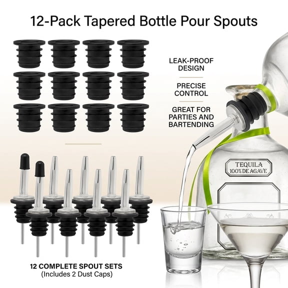 Liquor Pour Spouts for Bottles, 12-Pack, Free Flow for Accurate Shots, Leakproof, No Drip Flow Control for Whiskey Vodka Tequila, Home & Bartender Use