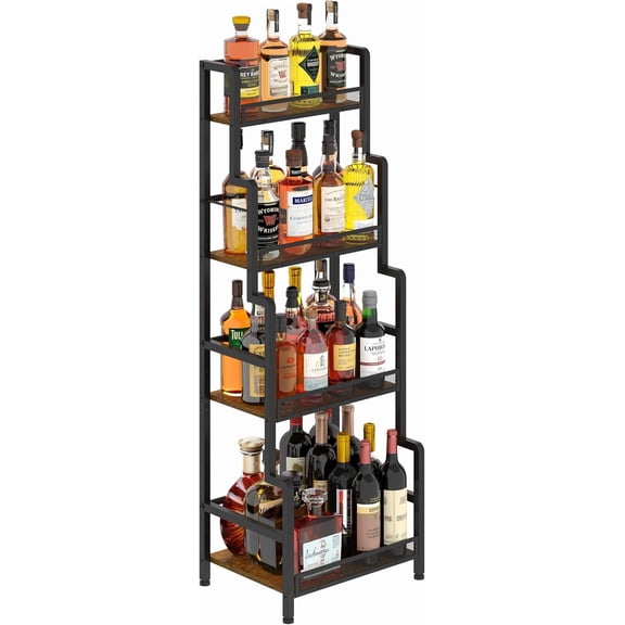 Liquor Stand for Home Bar, Wine Rack Freestanding Floor, Mini Bar Table for Liquor Whiskey Wine, 3-Tier Trapezoidal Liquor Bottle Display Shelf with Glass Holder and Fences