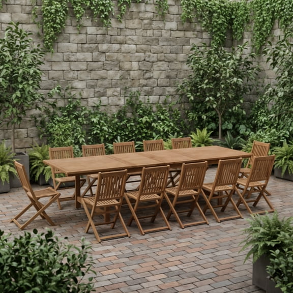 Lira 15-Piece Outdoor Rectangular Extendable Dining Table and Chairs Set | Eucalyptus Wood | Ideal for Patio, Brown Table