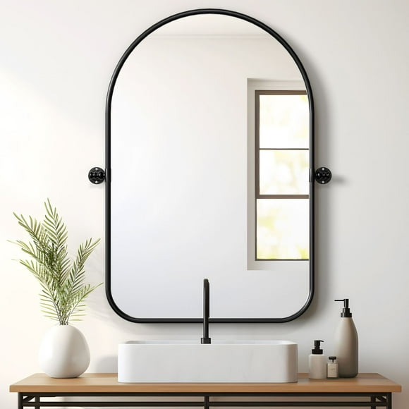 Lirago 32" x 23" Arched Bathroom Wall Mirror Pivot Hanging Mirror Rectangular, Metal Frame, Black