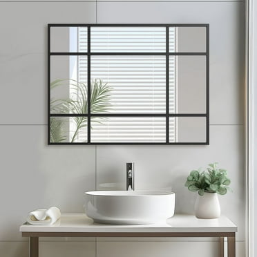 Lirago 40" x 28" Rectangular Decorative Mirror Windowpane Hanging Mirror, Metal Frame, Black
