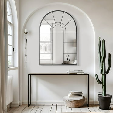 Lirago 42" x 28" Arched Decorative Mirror Windowpane Hanging Mirror for Wall Decor, Metal, Black