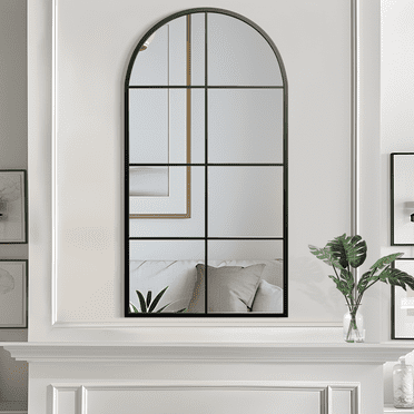 Lirago 55" x 28" Arched Decorative Mirror Hanging Windowpane Mirror, Metal Frame, Black