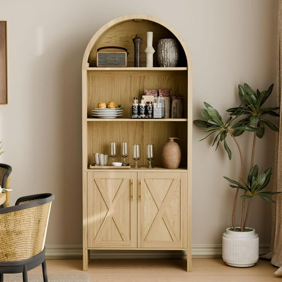 Lirago 60" Tall Arch Accent Cabinet, 5-Tier Wood Storage Cabinets with Door and Adjustable Shelf for Living Room, Dining Room, Oak