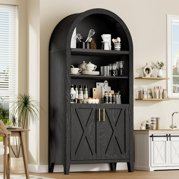 Lirago Rustic Wood Arched Bookcase with Beech Wood Door, 5-Tier Vintage Arch Cabinet for Living Room, Home Office