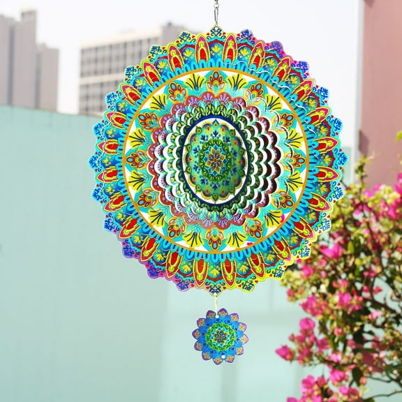 Liranovly 3D Metal Blue Mandala Wind Spinner-Hanging 12in Spinfinity Designs Wind Spinners for Outdoor & Indoor Decorations