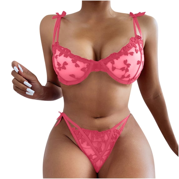 DISKEBUISS Sexy Bra And Panty Sets,Embroidered Two Piece Underwire Lingerie Set Hot Pink XS